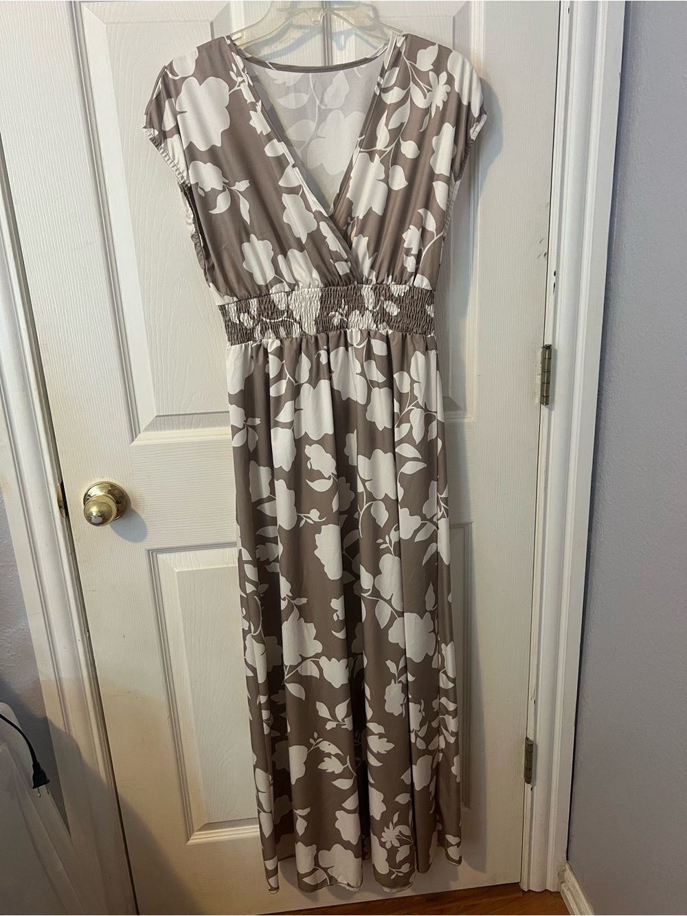 SHEIN Taupe and White Floral Wrap-Style Maxi Dress